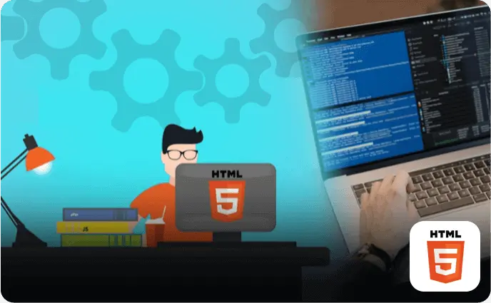 Expertise in HTML 5: A collage of HTML 5 elements and code snippets showcasing our proficiency in modern web development.